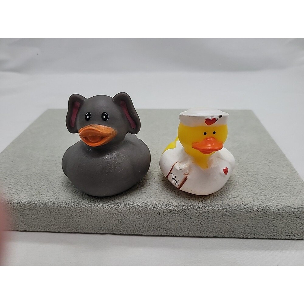 Lot Of 2 Elephant Big Ears Dark Gray Rubber Duck Jeep Ducking 2” + Nurse Duckie